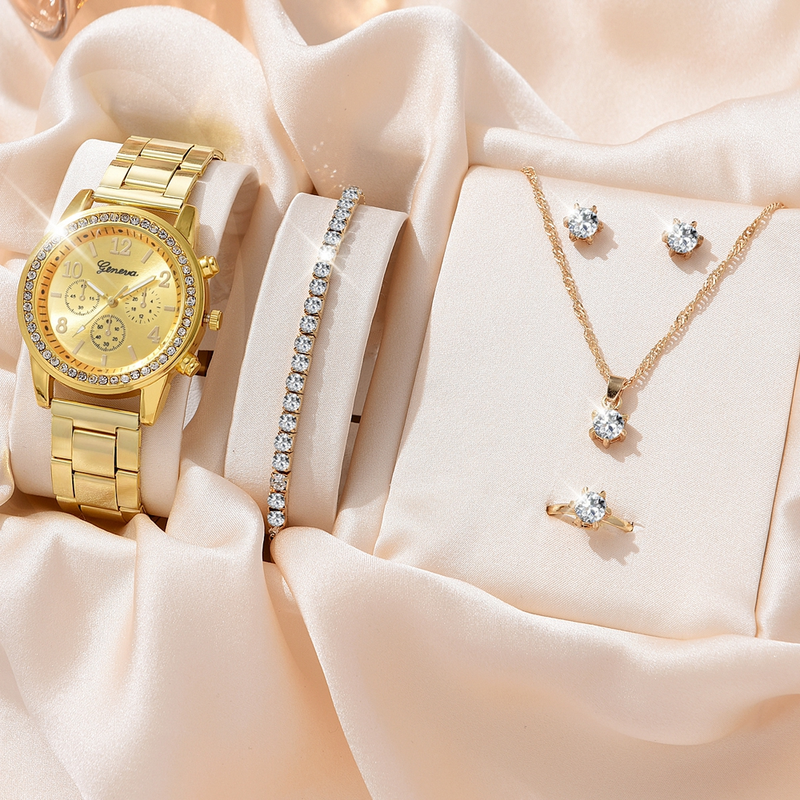 Ladies Luxury Wach Se, Anillo, Collar, Pendientes, Galletas, Moda, Informal, Ladies, Wach, Bracele, Reloj, 6 piezas_voghion.com
