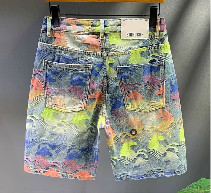 Men's Clothing Retro Distressed Patchwork Elastic Slim Fit Denim Shorts Men's Trendy Brand Embroidery Loose Straight Shorts_voghion.com