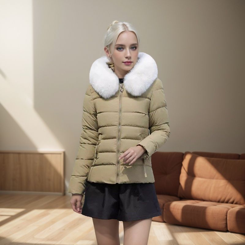 Giacca invernale da donna con grande collo in pelliccia, nuovo stile corto 2024, vestibilità slim fit, in cotone spesso_voghion.com