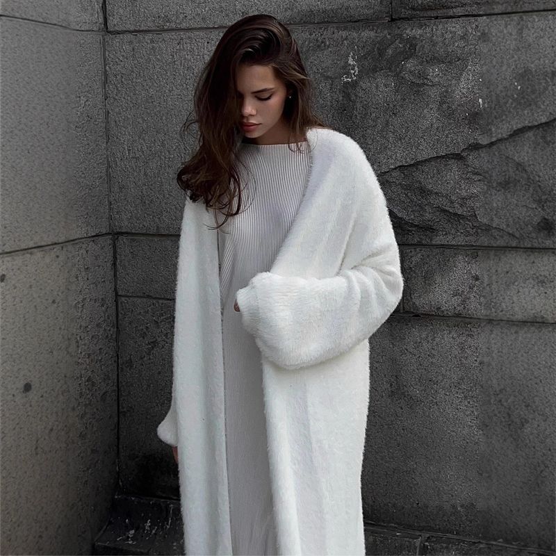 Cardigan lungo in pelliccia di visone lavorato a maglia europeo-americano autunno e inverno 2025, stile pigro, maglione largo_voghion.com