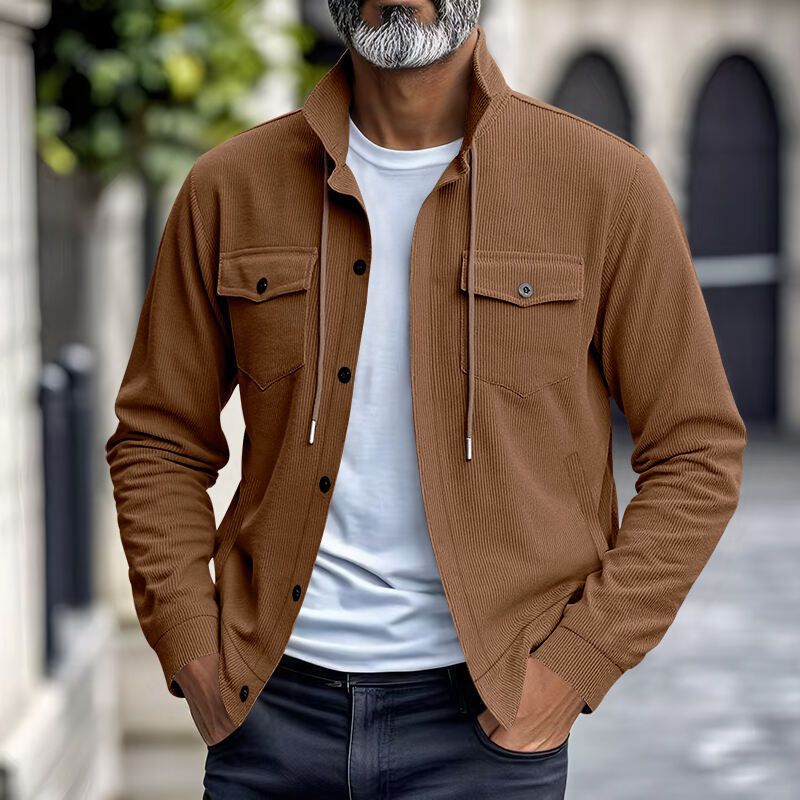 Autumn American Heavy Corduroy New Simple Versatile Multi Pocket Long Sleeved Stand Up Collar Jacket Men's Clothing_voghion.com