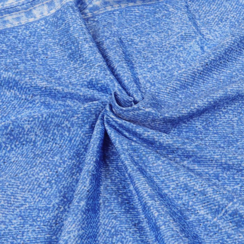 Traje de dos piezas con estampado de posicionamiento de mezclilla azul con hombros descubiertos sexy para mujer_voghion.com