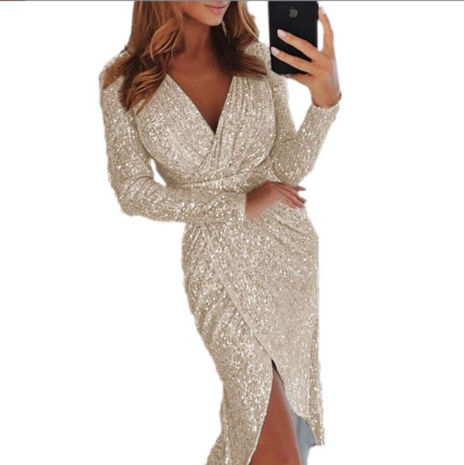 Abito da donna, nuovo, con stampa a caldo, sexy, a maniche lunghe, midi, scollo a V, spacco, vestibilità attillata, per cena formale._voghion.com