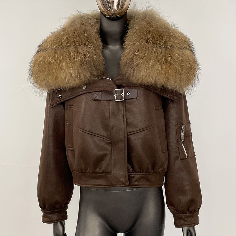 Wildlederjacke mit Kunstpelzbesatz – Wintertaugliches Lammfellfutter mit abnehmbarem Fuchskragen (Einheitsgröße, hochwertiges veganes Leder)_voghion.com