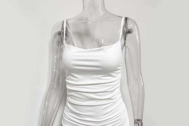 White Ruched Strap For High Waist Bodycon Women Summer Slip Dress_voghion.com