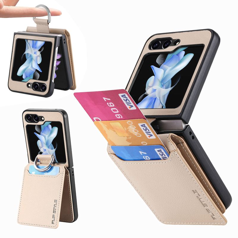 Applicable to Samsung Z Flip6 mobile phone case, lychee pattern ring, flip4 card holder, ZFlip5 wallet case._voghion.com