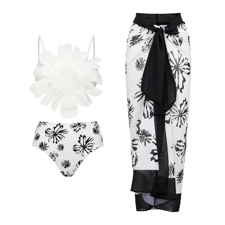 Women's new bikini flower decoration printed split swimsuit and wrap skirt suit_voghion.com