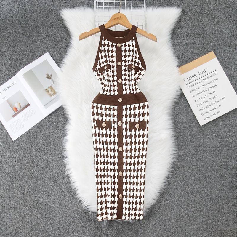 Women's Clothing Summer Halter Neck Dress Fashion Slim Single Breasted Houndstooth Hip Wrapped Knitted Skirt_voghion.com