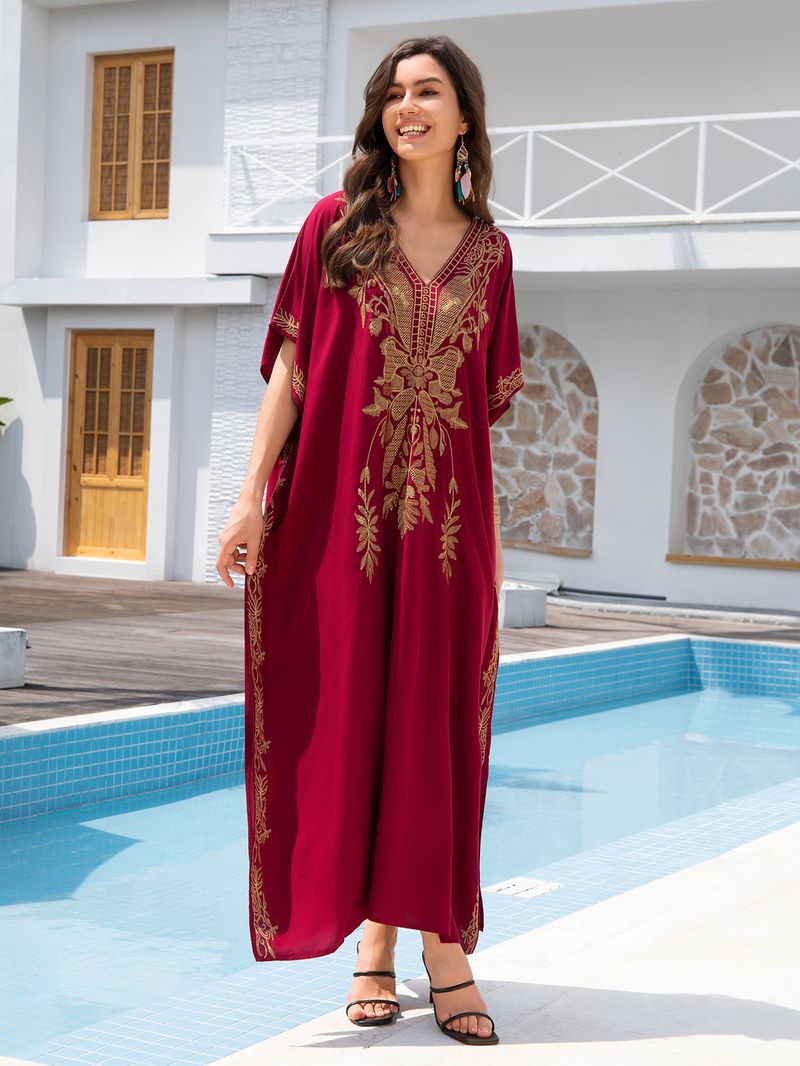 Women's Embroidered Beach Cover-Up – Lightweight Cotton Bikini Robe For Swim & Sun (Red/Black/Kong Blue, One Size)_voghion.com