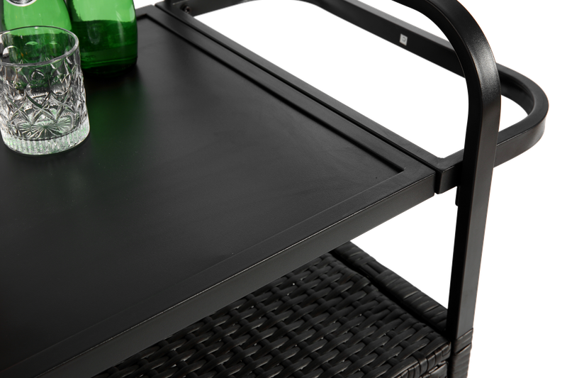 Table de bar d'extérieur avec meuble en osier, desserte de terrasse avec plateau en acier, seau à glace, roulettes verrouillables, panier latéral, pour jardin, piscine et arrière-cour, noir_voghion.com