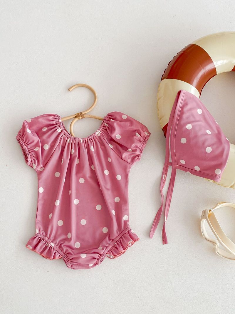 Maillot de bain d'été coréen pour filles, bulle à la mode pour bébé, mignon, manches courtes, une pièce enveloppée, bas, imperméable, chapeau de natation_voghion.com