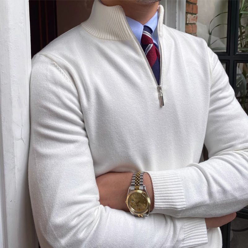 Men's Slim-Fit Stand Collar Knit Sweater – Lightweight Pullover For Layering (Black/White/Brown, M-3XL)_voghion.com