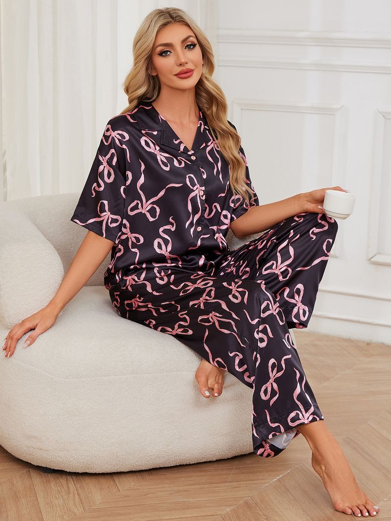 Luxury Satin Pajama Set Women's Short Sleeve Shirt & Pants - Breathable Loungewear For Spring Summer Fall_voghion.com