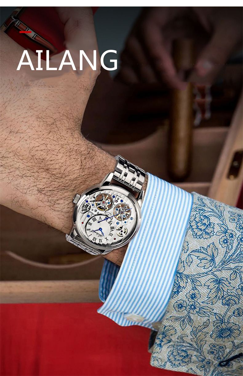 AILANG Mechanical Watch Men 30M Waterproof Automatic Watches Stainless Steel Skeleton Dial Luxury Double Tourbillon Watch Men_voghion.com