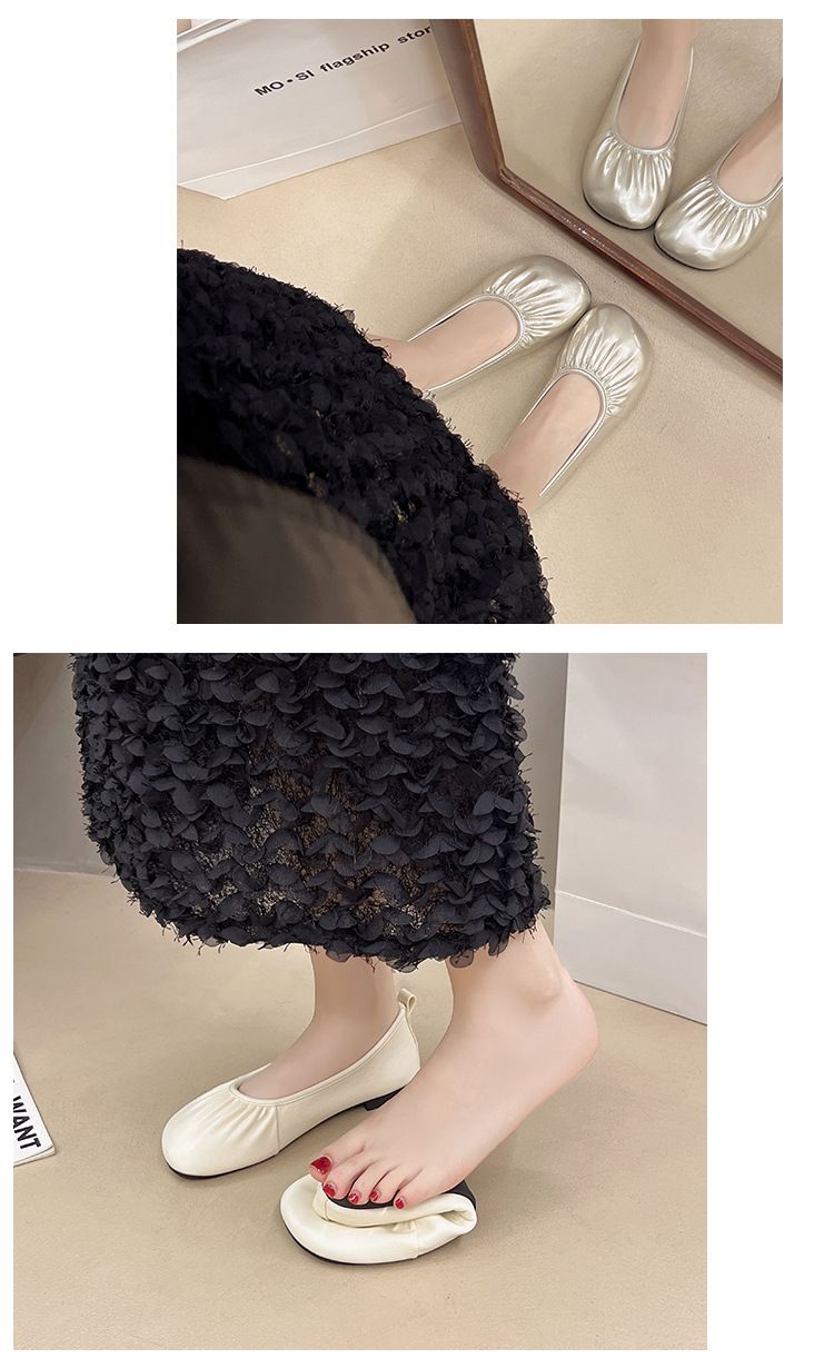 Platte zolen, enkellaarsjes voor dames, Franse zachte eenpedaalsokken, zachte zolen, ondiepe mond, geplooide oma-schoenen_voghion.com