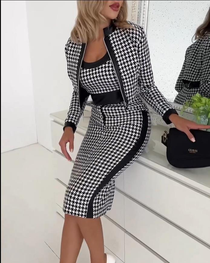 Giacca da donna a maniche lunghe stampata, fresca e dolce, alla moda, primaverile e autunnale, con gilet e gonna in tre pezzi_voghion.com