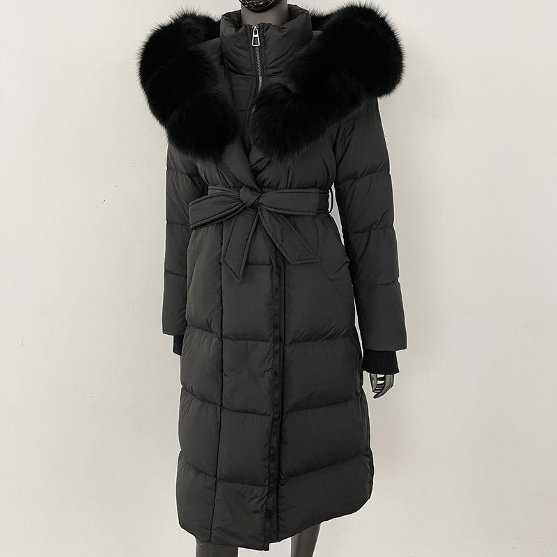 Fox Fur Large Collar Down Jacket With Hood And Long Style For Winter, Slim Waist And Knee Length Thickened Women's Coat_voghion.com