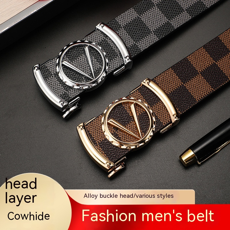 Pánský opasek z hovězí kůže s módním a minimalistickým designem, obchodní písmena z legované kůže, univerzální knoflíky, kostkovaný vzor_voghion.com
