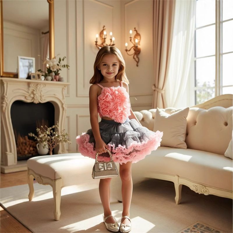 Robe de princesse rose à fleurs avec jupe tutu pour enfants_voghion.com