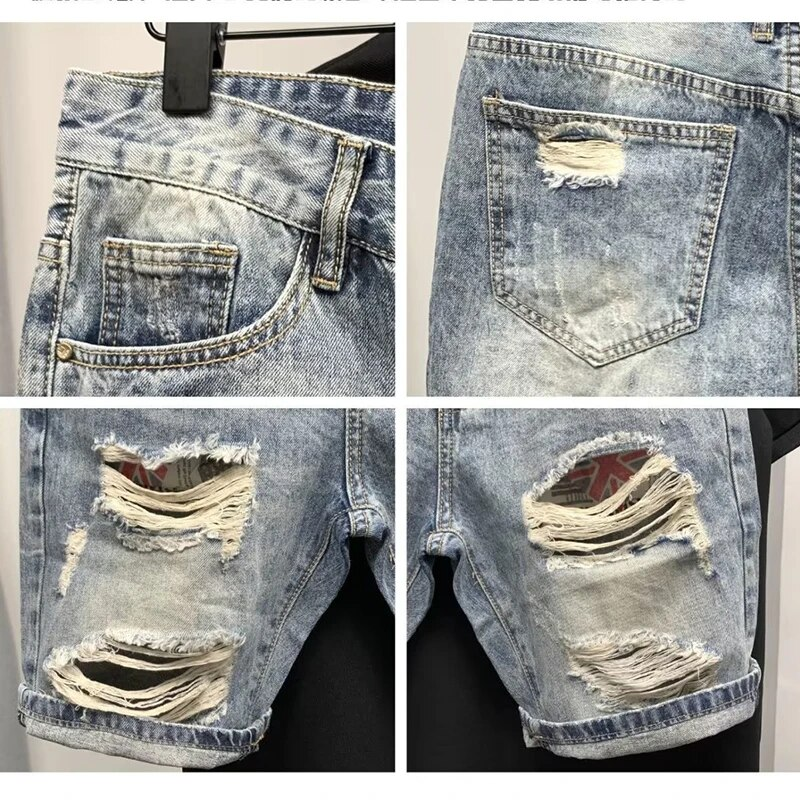 Men Straight Loose Korean Fashion Denim Short Pants Holes Summer Five Piece Jeans Shorts_voghion.com