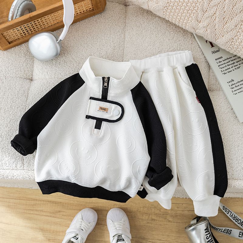 Completo da bambino in stile coreano, 2 pezzi, a maniche lunghe, casual, per primavera e autunno (bianco/nero/grigio, altezza 80-130 cm)_voghion.com