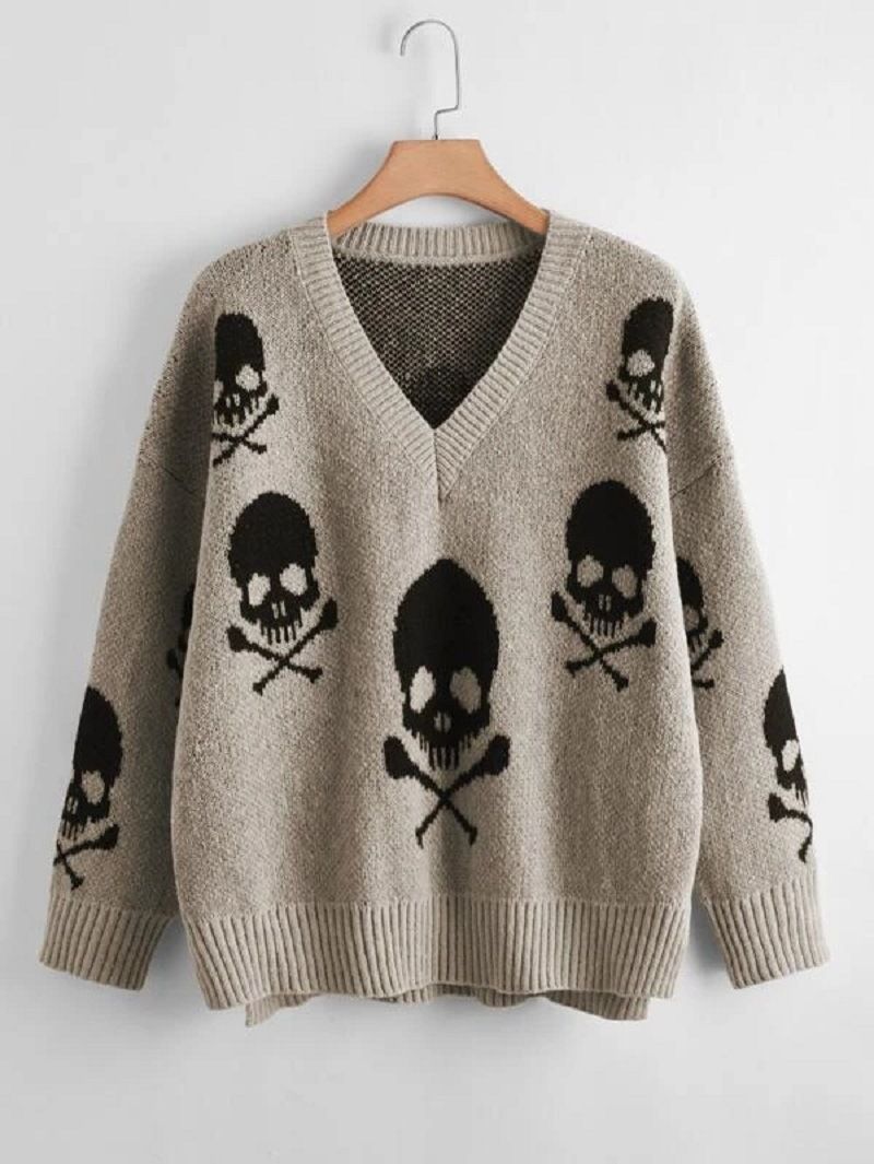 Pull gothique en tricot avec tête de mort extraterrestre des années 2000 – Pull unisexe oversize à col en V pour Halloween et Noël | Style streetwear_voghion.com