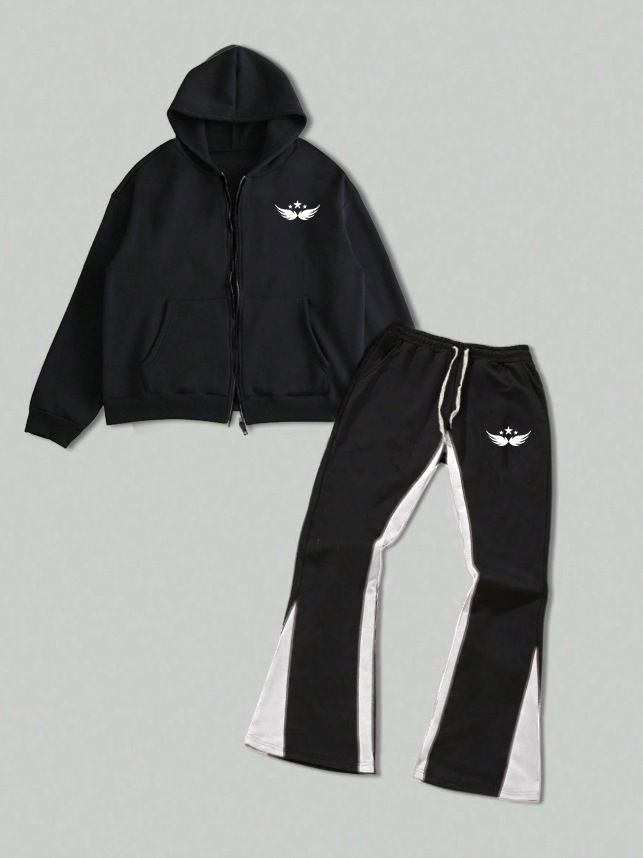 Men's Clothing Autumn And Winter Wing Print Casual Wing Print Zip-Up Hoodie And Jogger Pants Set, Casual Two-Piece Outfit For Fall/Winter, Black_voghion.com