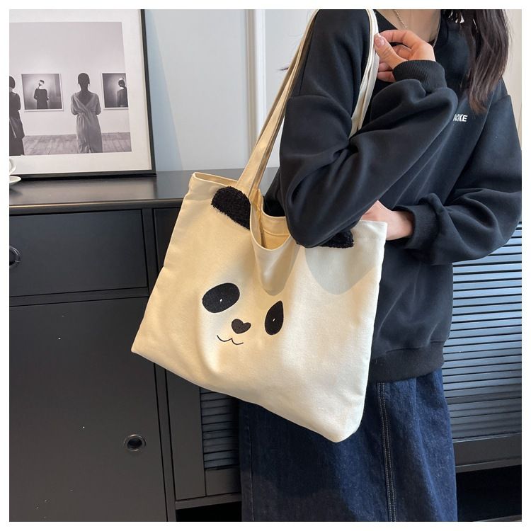 Ny fritid College Student Shoulder Panda Print Stor kapacitet Canvas Dampendlar tygväska_voghion.com