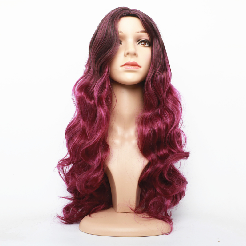 Synthetische Perücke Neue Perücke Damen Schwarz Farbverlauf Lila Rot Langes lockiges Haar Split Große Welle Gelocktes Stirnband aus synthetischen Fasern_voghion.com