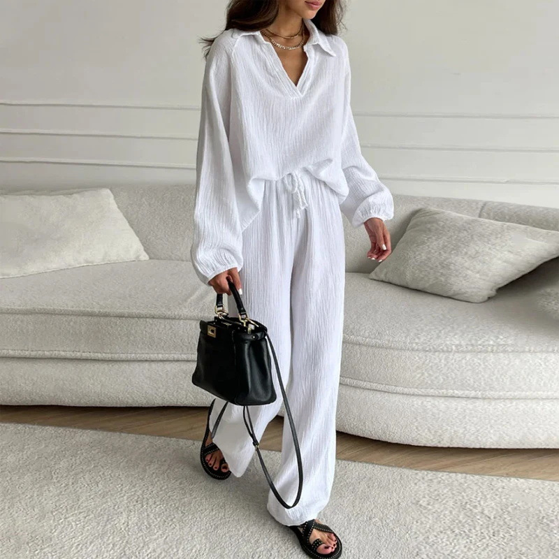 Top a maniche lunghe moda donna + pantaloni con coulisse set set in due pezzi con risvolto primaverile e autunnale_voghion.com