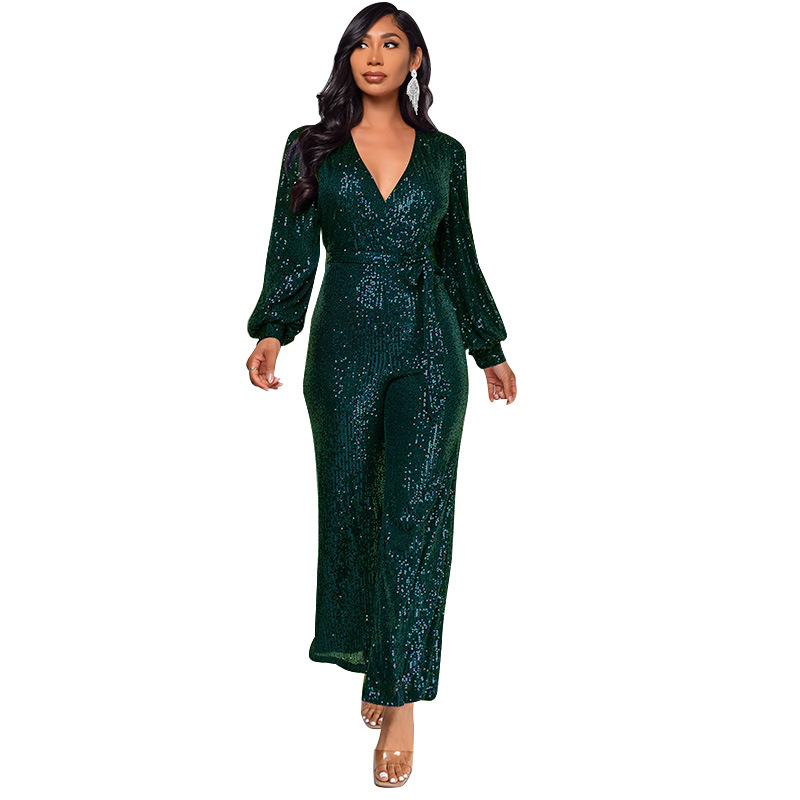 Damkläder Ins Style Deep V Mode Casual Jumpsuit Långärmat Bälte Paljett Jumpsuit Dam_voghion.com