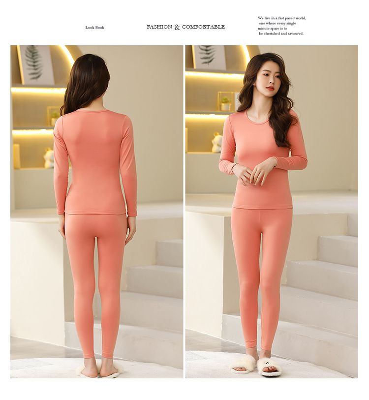 Conjunto de ropa interior térmica para mujer, con forro polar, manga larga, cuello redondo, top y pantalones, capa base suave y cálida para el invierno._voghion.com
