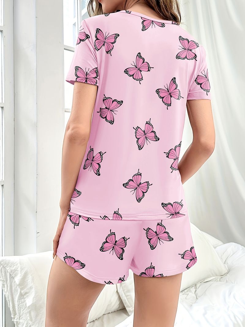 Piżama damska Homewear z nadrukiem motyli, krótki rękaw, szorty, wygodny, swobodny, wygodny, dwuczęściowy komplet_voghion.com