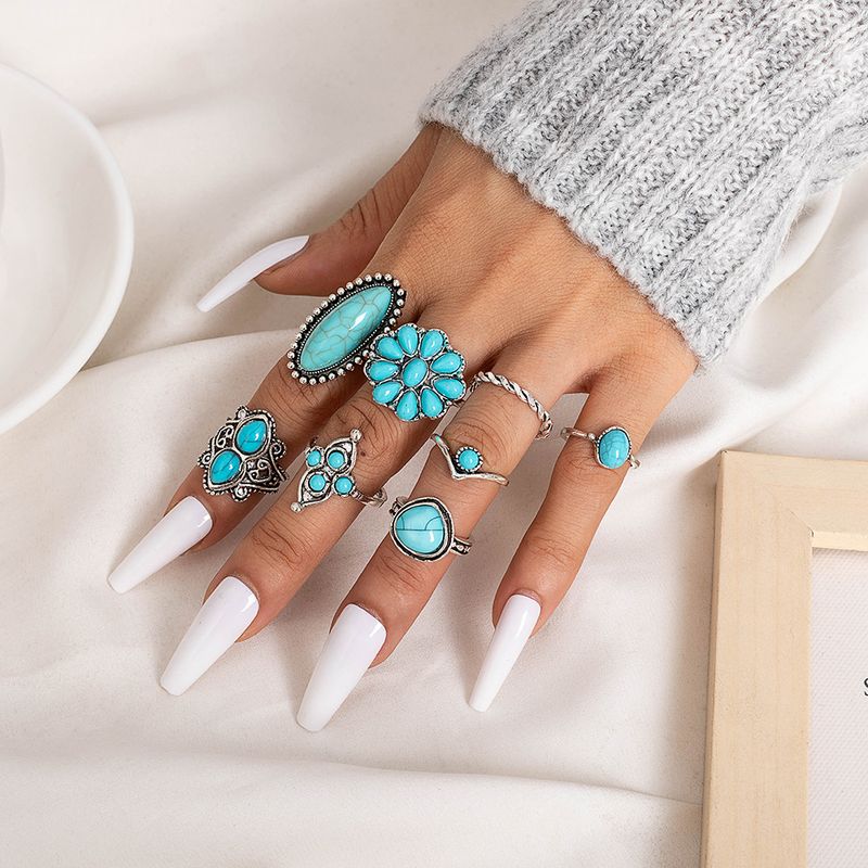 Bohemian Turquoise Flower Fried Dough Twists 8-piece Set Ring Jewelry_voghion.com