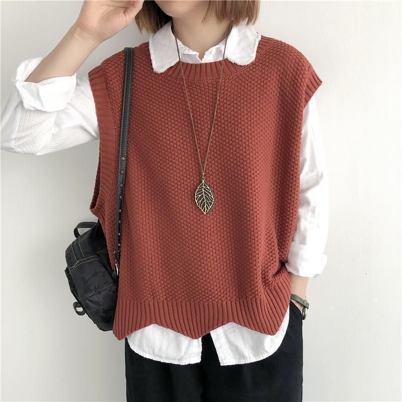 K Women's Knitted Vest; Pure Color, Loose, Round Neck, Irregular Pullover Short Cardigan._voghion.com
