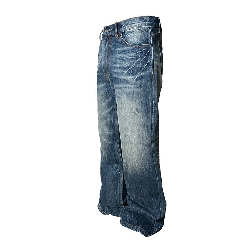 Herrenbekleidung Retro Dunkelblau Lightning Cracked Jeans Lockere Hose mit weitem Bein Verwaschene gerade Schlaghose_voghion.com