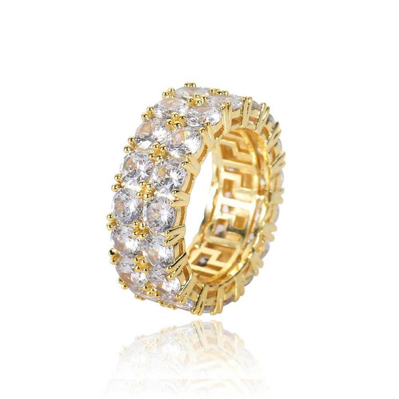 Men And Women's Jewelry Hip Hop Style Double Row Zircon Ring Geometric Design High-Quality Gold Tone Brass Statement Ring For Trendy Outfits_voghion.com