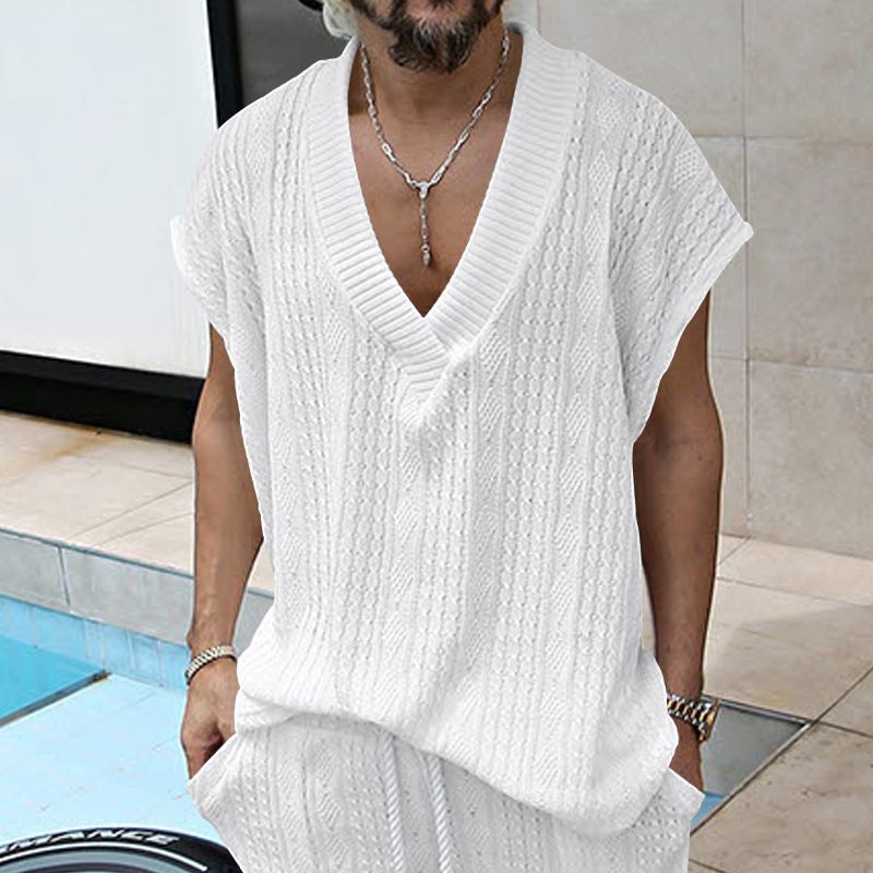 Gilet en tricot jacquard ample à col en V pour hommes, nouvelle collection d'été, surdimensionné et décontracté_voghion.com