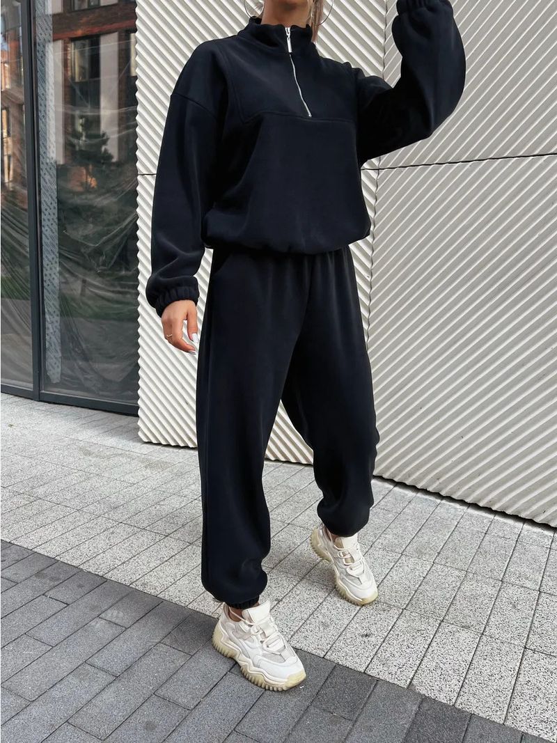 Lässiges Set aus Fleece-Kapuzenpullover und Jogginghose für Damen – locker sitzendes Sweatshirt mit Stehkragen und Hose mit elastischem Bund (Beige, Dunkelgrau, Khaki)_voghion.com