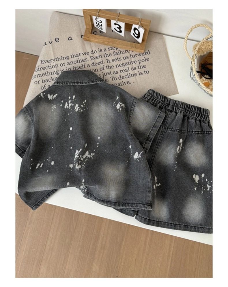 Giacca per bambini, abito in denim con schizzi di vernice per bambini, maniche corte e pantaloncini_voghion.com