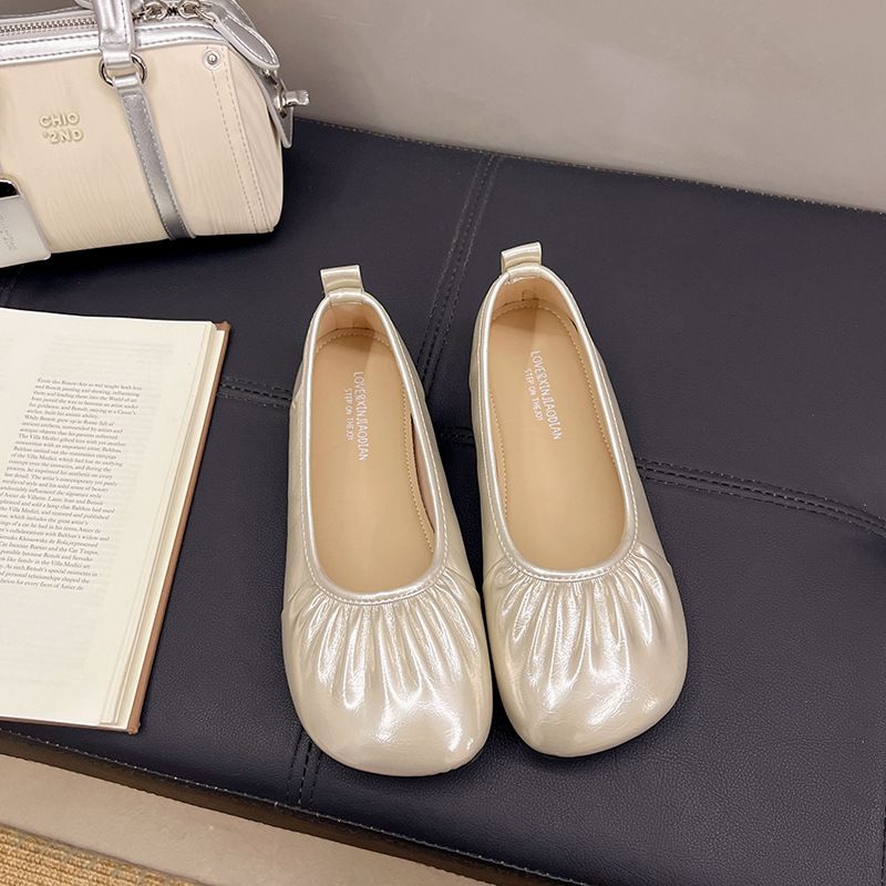 Platte zolen, enkellaarsjes voor dames, Franse zachte eenpedaalsokken, zachte zolen, ondiepe mond, geplooide oma-schoenen_voghion.com