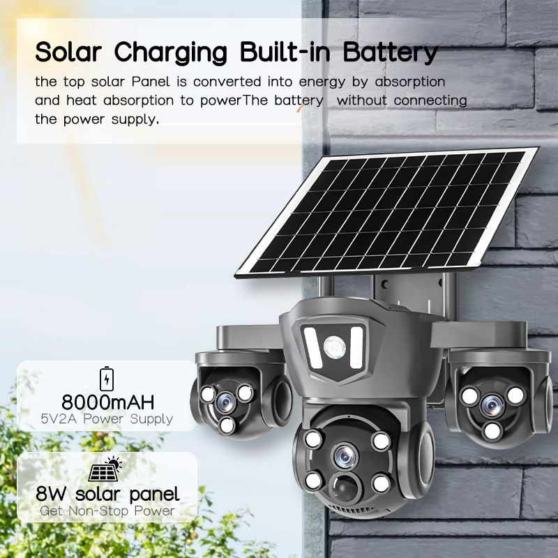 Câmera de segurança PTZ de 4 lentes alimentada por energia solar - WiFi/4G externo, Ultra HD, sem necessidade de fiação_voghion.com