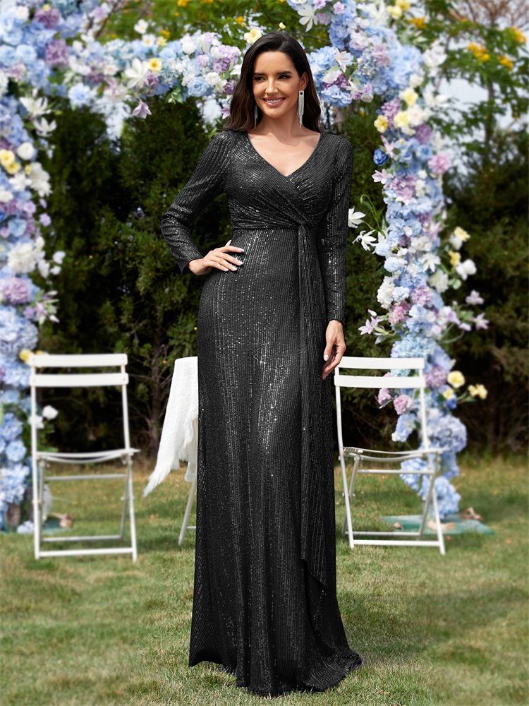 Abito da sera a sirena con scollo a V e maniche lunghe da donna_voghion.com