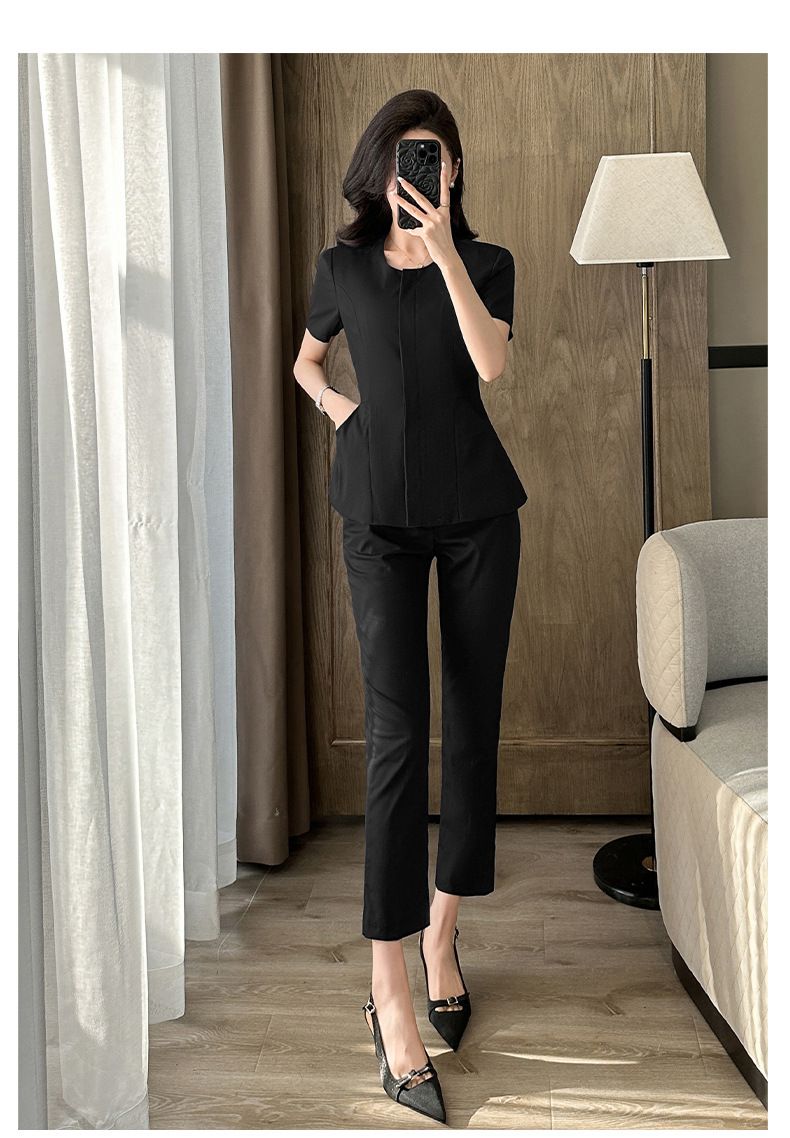 Abito professionale a maniche corte blu navy da donna, stile estivo sottile, consulente di bellezza, abbigliamento formale_voghion.com