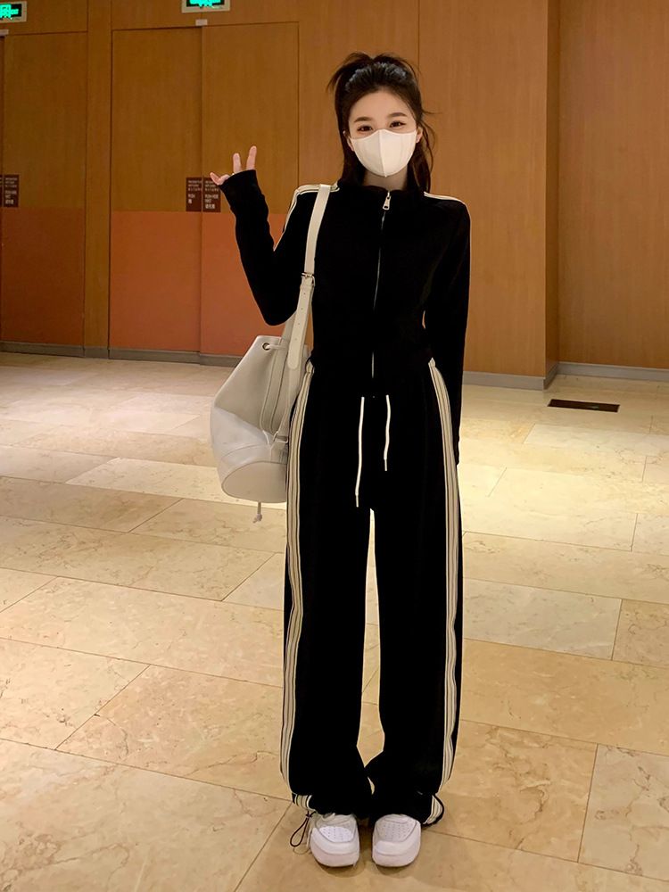 2025 Herbst Neue Damen Casual Sports Schwarze Jacke Hohe Taille Abnehmen Hose Mode Zweiteiliges Set_voghion.com