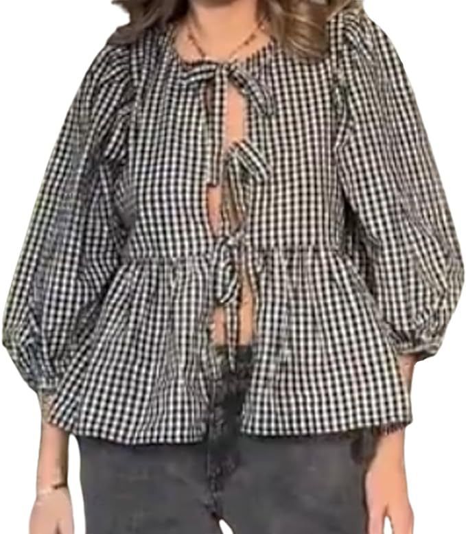 Women's Clothing Tie Front Top Leopard Print Ruffle Babydoll Top 3/4 Length Puff Sleeves_voghion.com