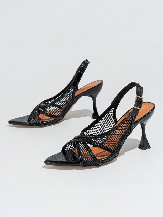 Damen Mesh Finish Farbe mit spitzen Stiletto Sandalen Damen personalisierte Mode schwarze High Heels_voghion.com