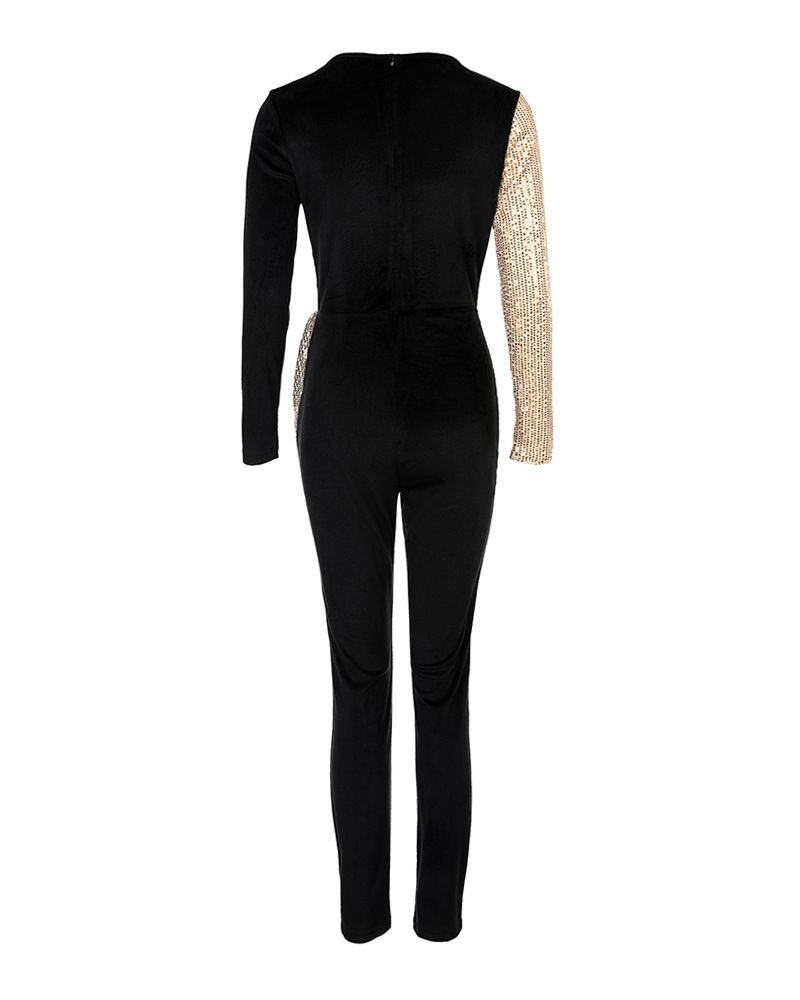 Svart og gullfarget todelt pendlingsjumpsuit med høy midje og paljetter for dame_voghion.com
