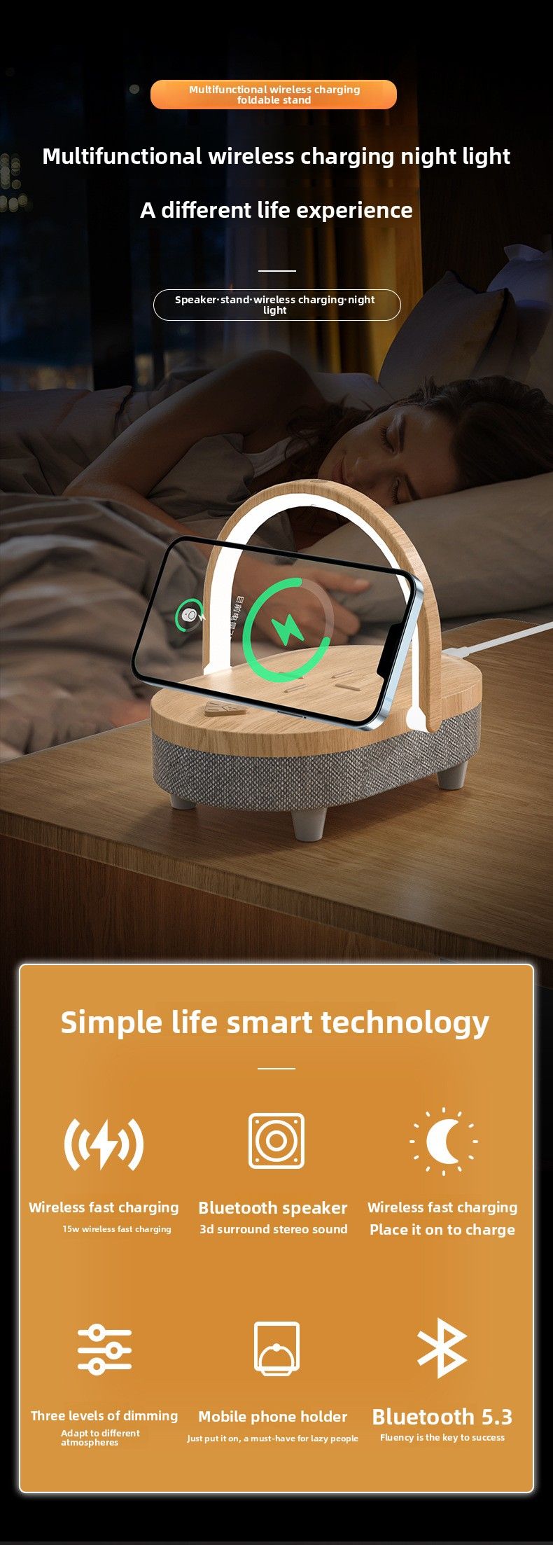 【Hohe Qualität】 Kabelloses Ladegerät 15 W Bluetooth-Lautsprecher Nachtlicht Schreibtischlampe Telefon Geschenk_voghion.com