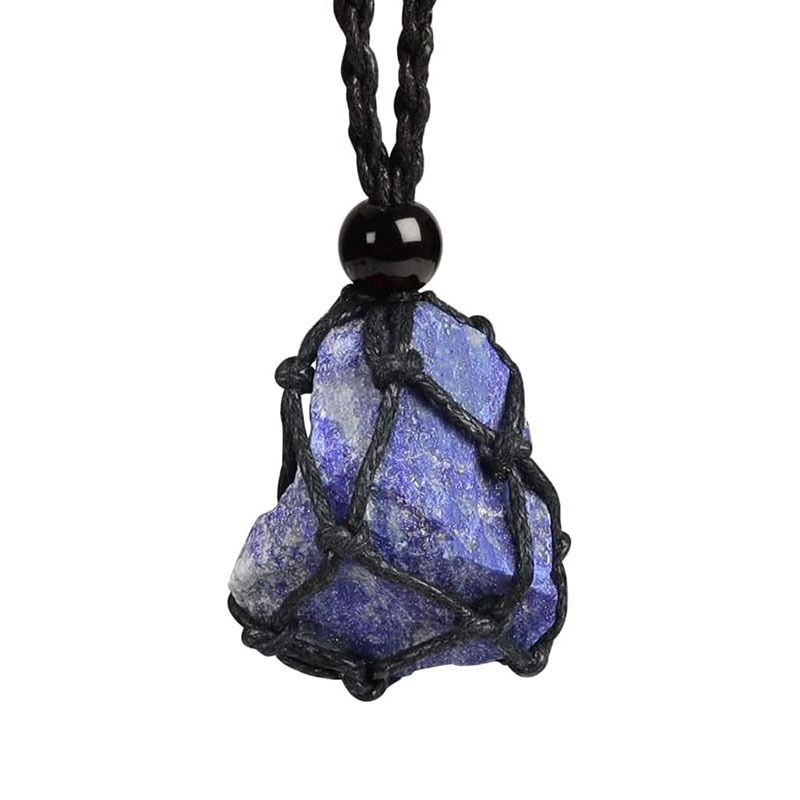 Collana con borsa a rete nera e pietre di cristallo grezzo - Catena regolabile intrecciata per la moda boho_voghion.com